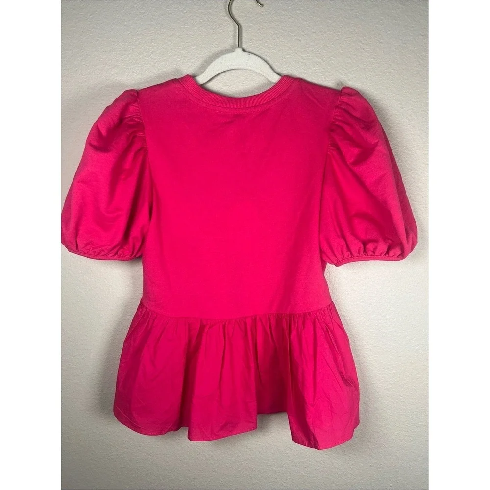English Factory Mixed‎ Media Puff Sleeve Peplum Top Pink XS NWT Crewneck Blouse